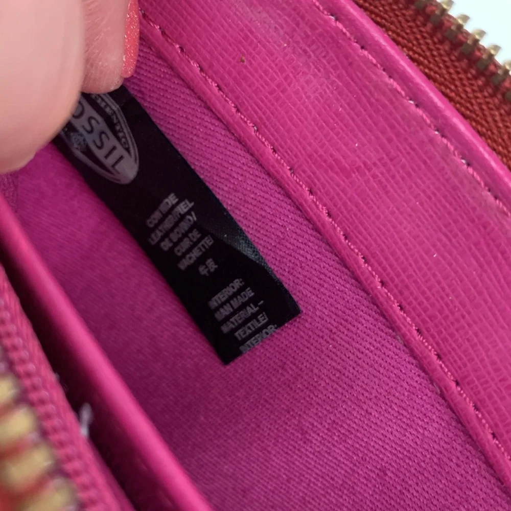 Fossil Red Leather Wallet Gold Zip Around Pink lined Slip pockets Cards Cash